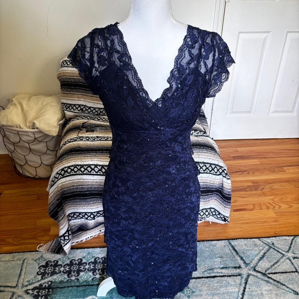 Cocktail Dress Navy Blue Lace Sequin embellishments V-Neck
